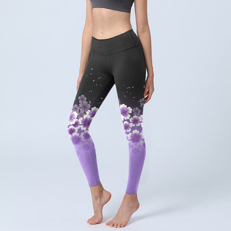Buddha Stones White Purple Cherry Blossom Pattern Print Gym Leggings Women's Yoga Pants - Black - US18,UK/AU22,EU50 (4XL) - image 1
