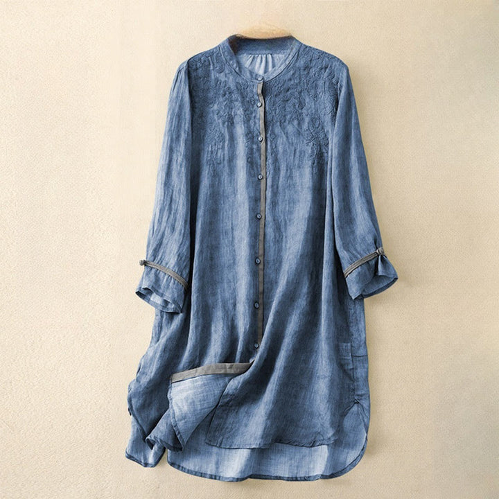 Buddha Stones Summer Casual Embroidered Stand Collar Design Three Quarter Sleeve Acrylic Midi Dress - RoyalBlue - US8-10,UK/AU12-14,EU40-42 (2XL) - image 5