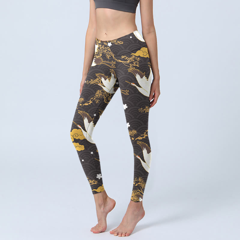 Buddha Stones Golden Auspicious Cloud Pine Branch Crane Wave Pattern Print Gym Leggings Women's Yoga Pants - Black - US18,UK/AU22,EU50 (4XL) - image 1