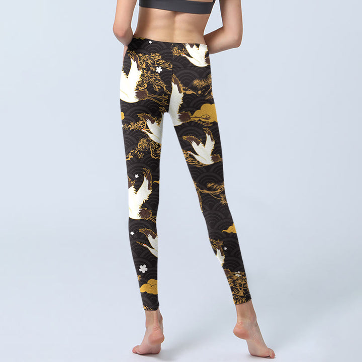 Buddha Stones Golden Auspicious Cloud Pine Branch Crane Wave Pattern Print Gym Leggings Women's Yoga Pants - image 7