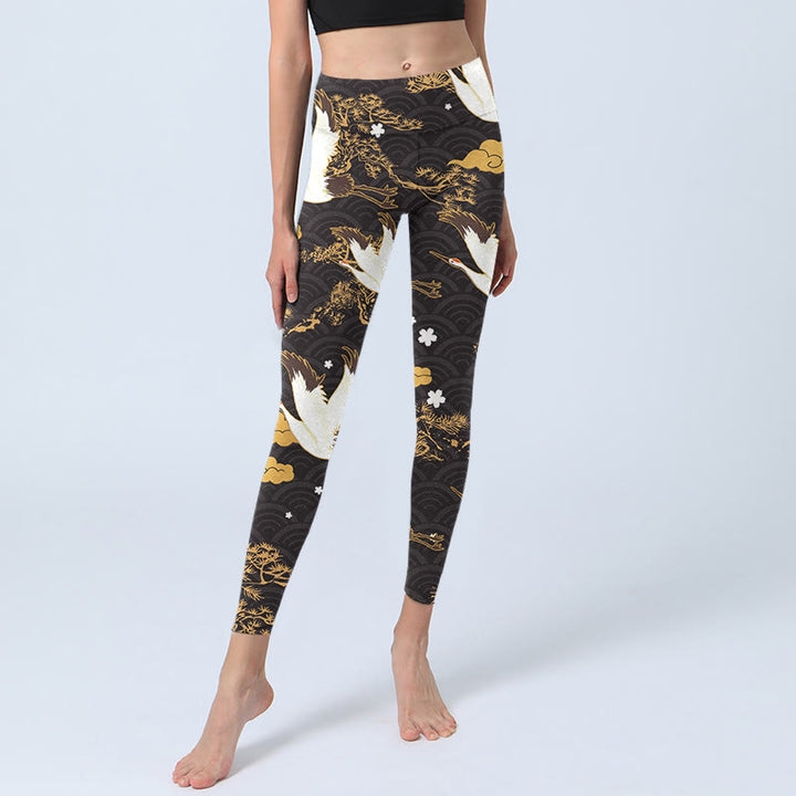 Buddha Stones Golden Auspicious Cloud Pine Branch Crane Wave Pattern Print Gym Leggings Women's Yoga Pants - image 6
