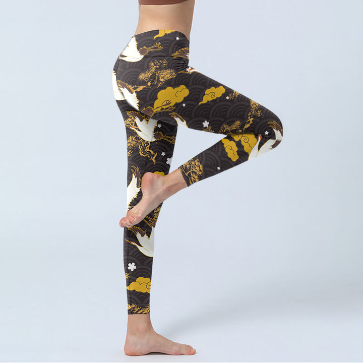 Buddha Stones Golden Auspicious Cloud Pine Branch Crane Wave Pattern Print Gym Leggings Women's Yoga Pants - image 5