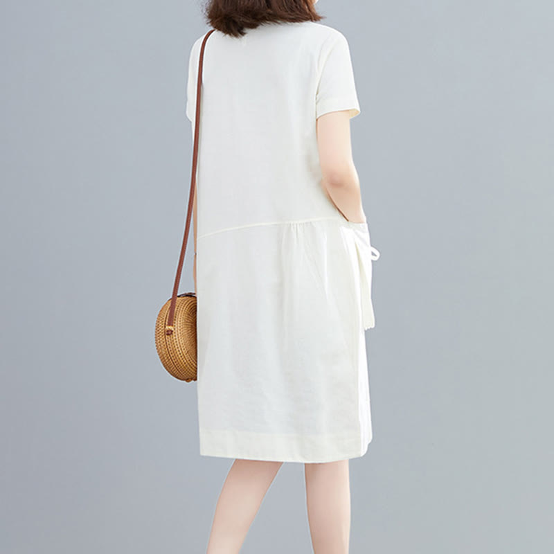 Buddha Stones Summer Casual Plain Lace-Up Design Crew Neck Short Sleeve Cotton Linen Midi Dress With Pockets - image 3