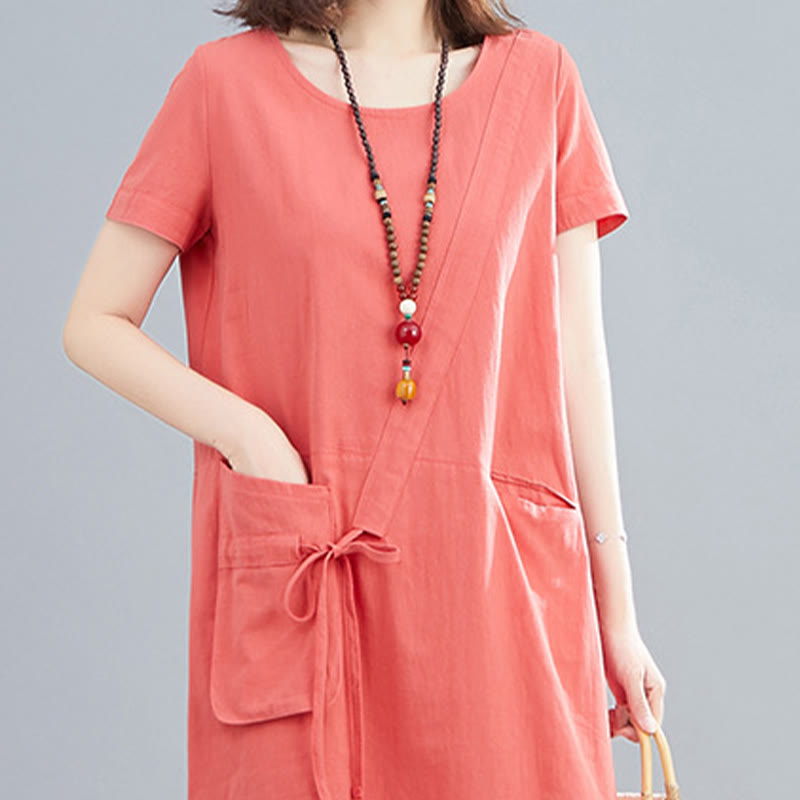 Buddha Stones Summer Casual Plain Lace-Up Design Crew Neck Short Sleeve Cotton Linen Midi Dress With Pockets - image 6