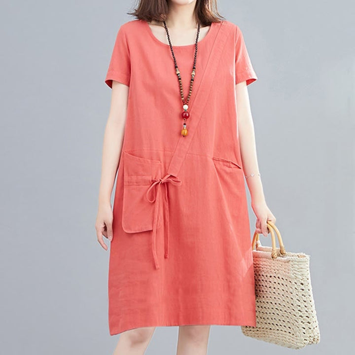Buddha Stones Summer Casual Plain Lace-Up Design Crew Neck Short Sleeve Cotton Linen Midi Dress With Pockets - LightCoral - US8-10,UK/AU12-14,EU40-42 (2XL) - image 5