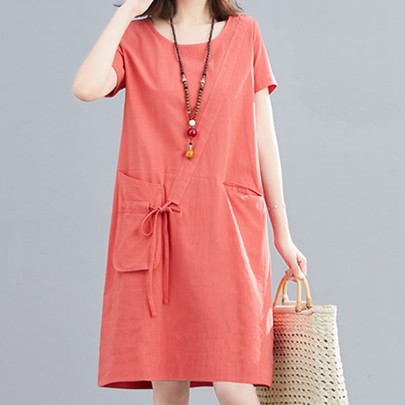 Buddha Stones Summer Casual Plain Lace-Up Design Crew Neck Short Sleeve Cotton Linen Midi Dress With Pockets - image 7