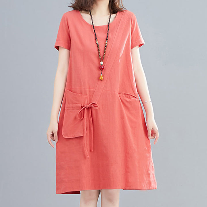Buddha Stones Summer Casual Plain Lace-Up Design Crew Neck Short Sleeve Cotton Linen Midi Dress With Pockets - image 9