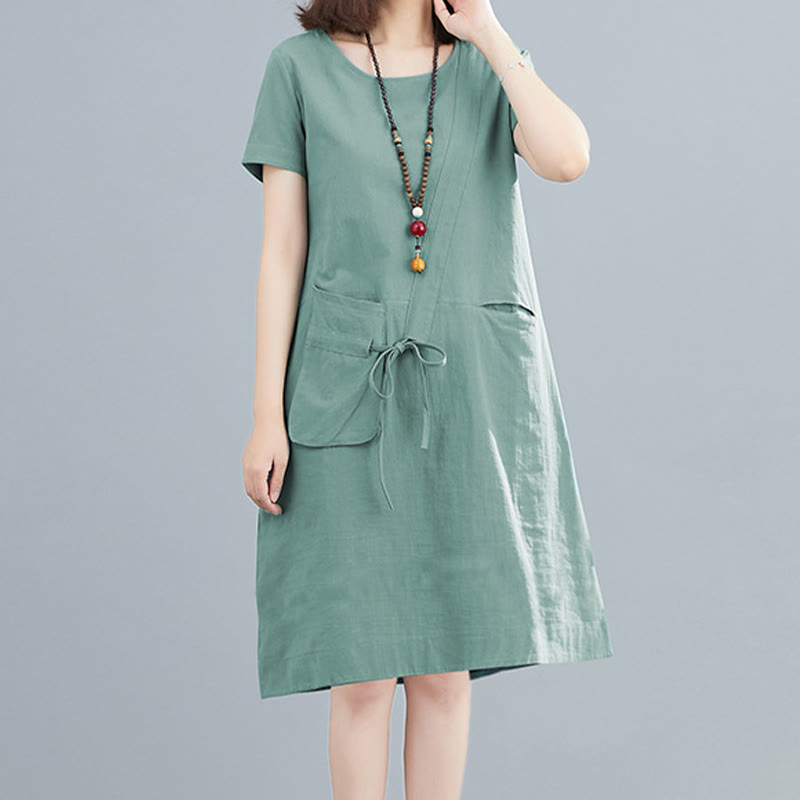 Buddha Stones Summer Casual Plain Lace-Up Design Crew Neck Short Sleeve Cotton Linen Midi Dress With Pockets - MediumAquamarine - US8-10,UK/AU12-14,EU40-42 (2XL) - image 16