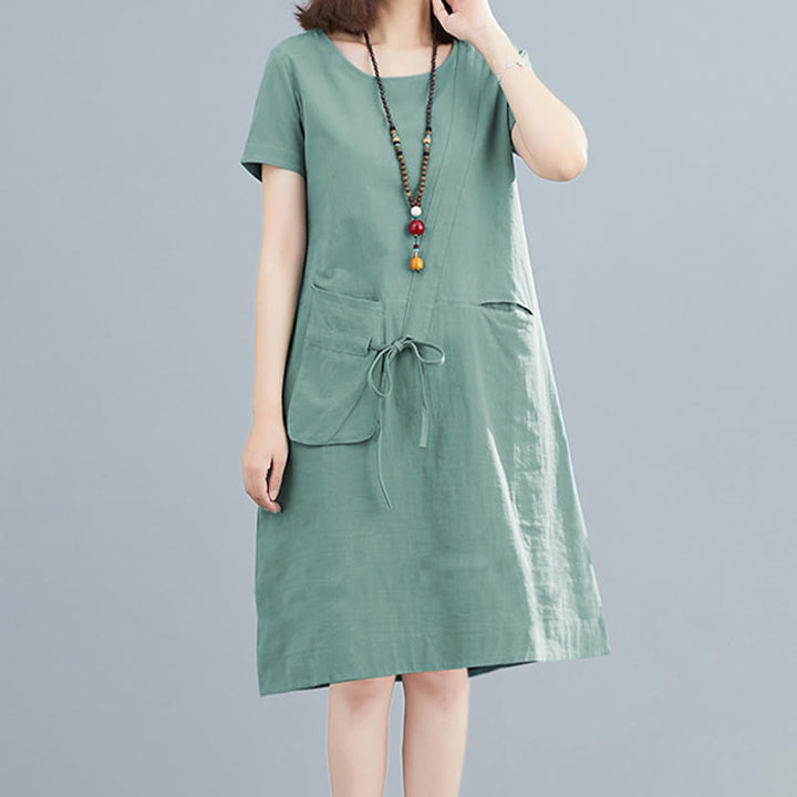 Buddha Stones Summer Casual Plain Lace-Up Design Crew Neck Short Sleeve Cotton Linen Midi Dress With Pockets - MediumAquamarine - US8-10,UK/AU12-14,EU40-42 (2XL) - image 16