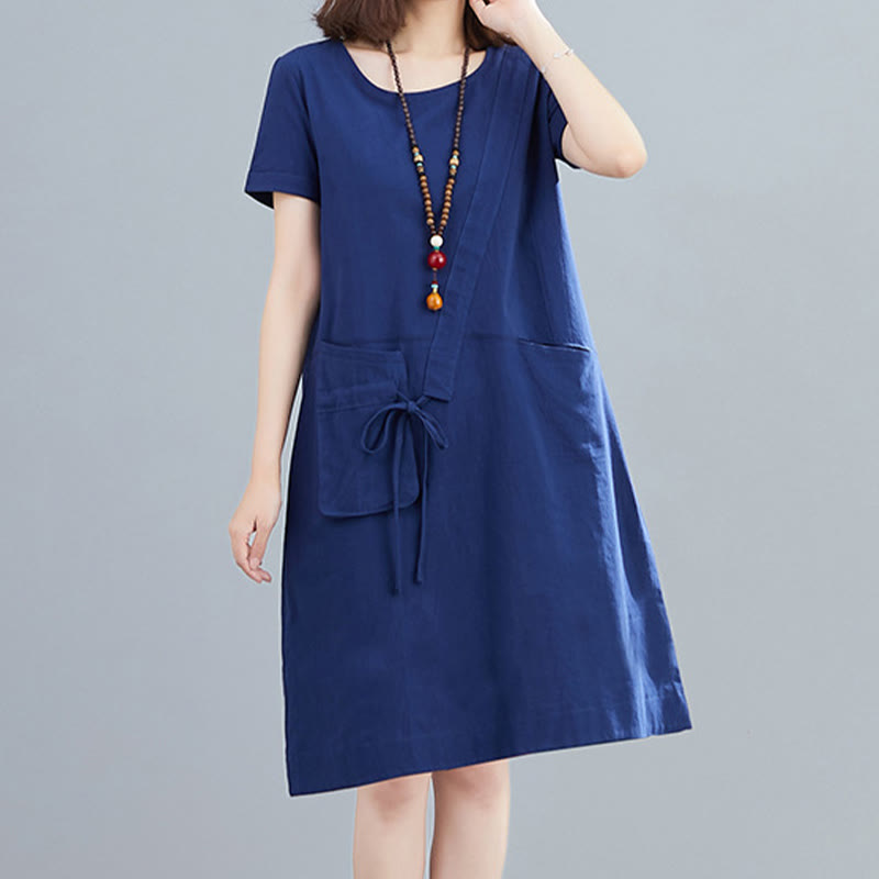 Buddha Stones Summer Casual Plain Lace-Up Design Crew Neck Short Sleeve Cotton Linen Midi Dress With Pockets - MediumBlue - US8-10,UK/AU12-14,EU40-42 (2XL) - image 21