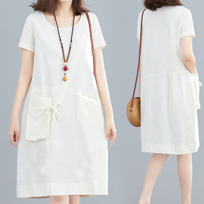 Buddha Stones Summer Casual Plain Lace-Up Design Crew Neck Short Sleeve Cotton Linen Midi Dress With Pockets - image 4