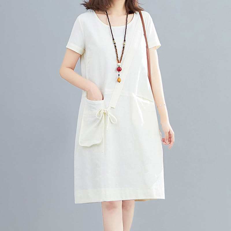 Buddha Stones Summer Casual Plain Lace-Up Design Crew Neck Short Sleeve Cotton Linen Midi Dress With Pockets - White - US8-10,UK/AU12-14,EU40-42 (2XL) - image 0