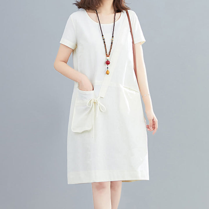 Buddha Stones Summer Casual Plain Lace-Up Design Crew Neck Short Sleeve Cotton Linen Midi Dress With Pockets - White - US8-10,UK/AU12-14,EU40-42 (2XL) - image 0