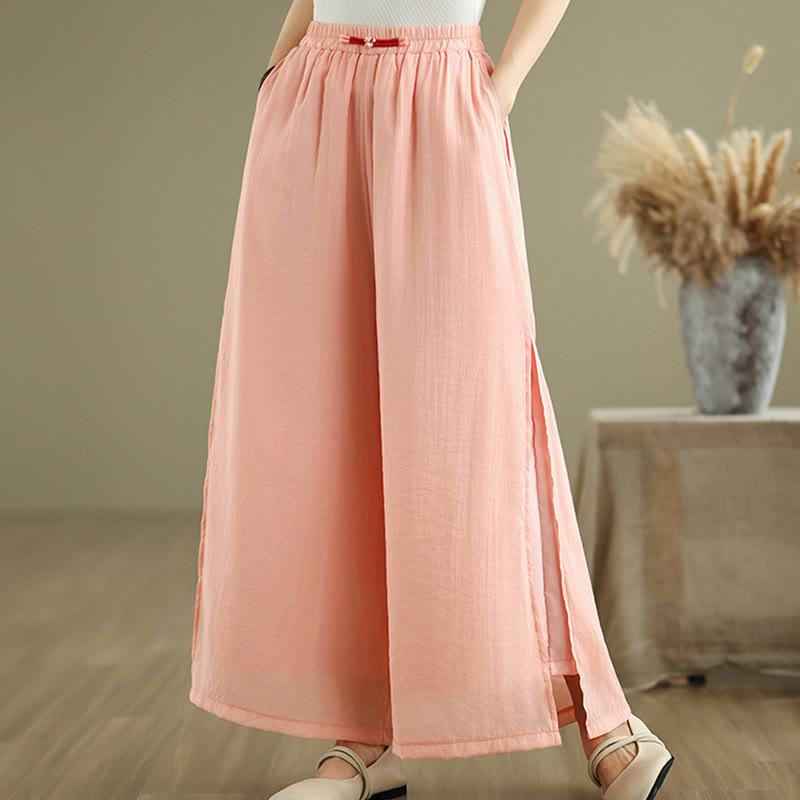 Buddha Stones Casual Vintage Side Slit Hem Design Cotton Linen Women's Wide Leg Pants With Pockets