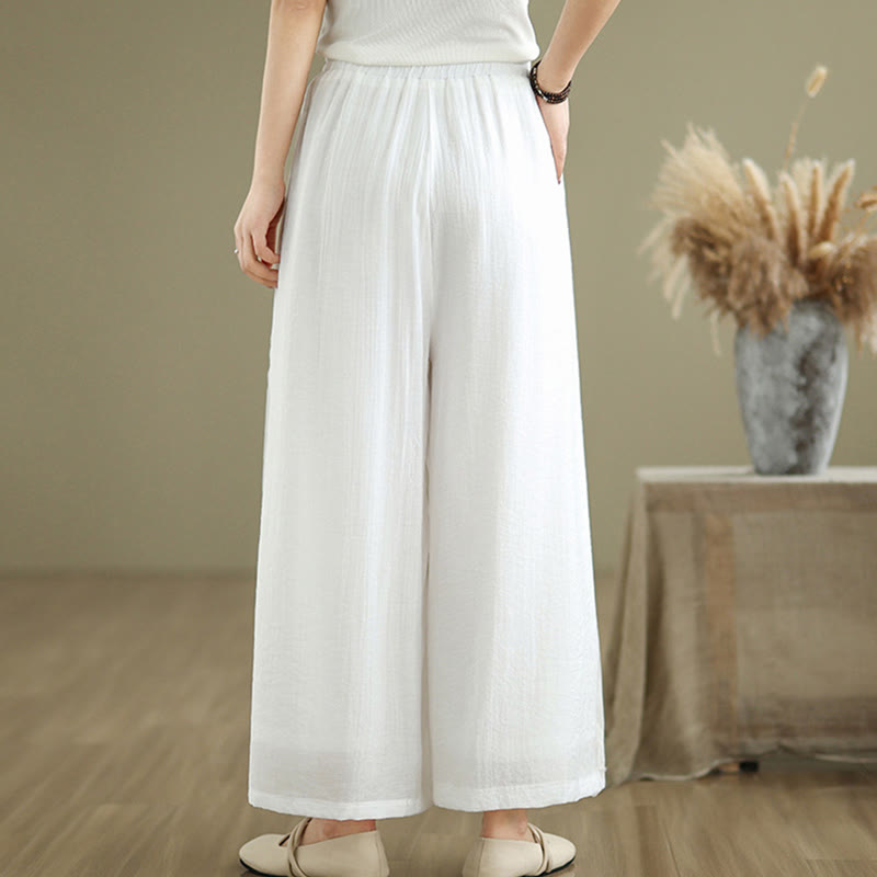 Buddha Stones Casual Vintage Side Slit Hem Design Cotton Linen Women's Wide Leg Pants With Pockets