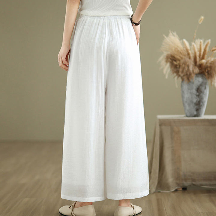 Buddha Stones Casual Vintage Side Slit Hem Design Cotton Linen Women's Wide Leg Pants With Pockets