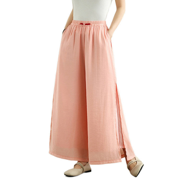 Buddha Stones Casual Vintage Side Slit Hem Design Cotton Linen Women's Wide Leg Pants With Pockets