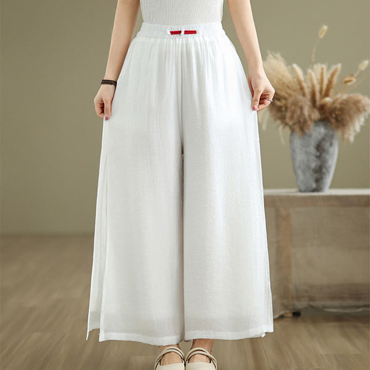 Buddha Stones Casual Vintage Side Slit Hem Design Cotton Linen Women's Wide Leg Pants With Pockets