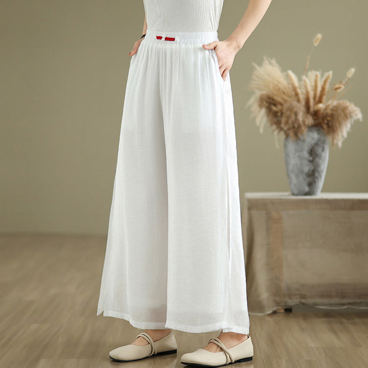 Buddha Stones Casual Vintage Side Slit Hem Design Cotton Linen Women's Wide Leg Pants With Pockets