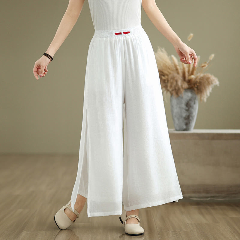 Buddha Stones Casual Vintage Side Slit Hem Design Cotton Linen Women's Wide Leg Pants With Pockets