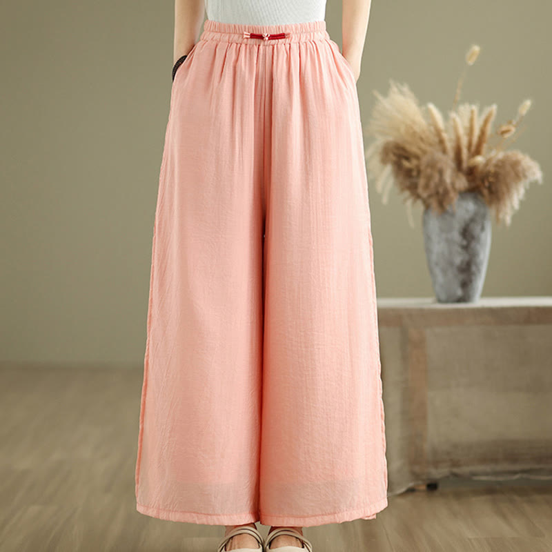 Buddha Stones Casual Vintage Side Slit Hem Design Cotton Linen Women's Wide Leg Pants With Pockets