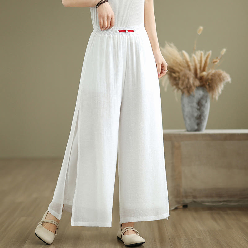 Buddha Stones Casual Vintage Side Slit Hem Design Cotton Linen Women's Wide Leg Pants With Pockets