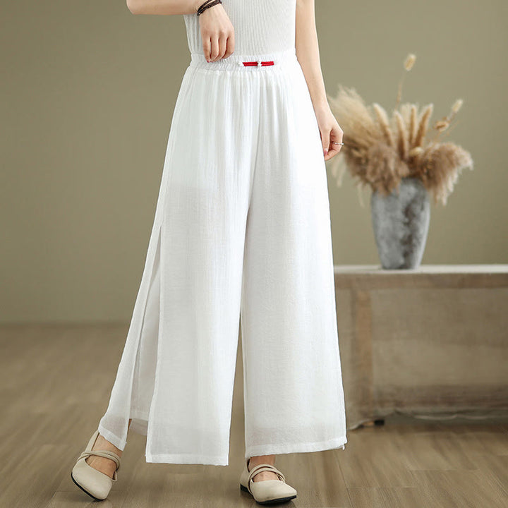 Buddha Stones Casual Vintage Side Slit Hem Design Cotton Linen Women's Wide Leg Pants With Pockets