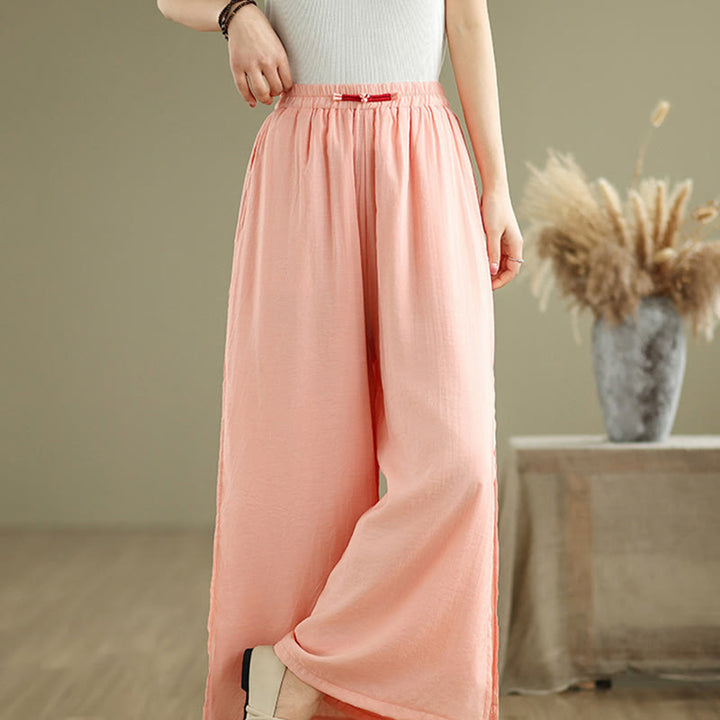 Buddha Stones Casual Vintage Side Slit Hem Design Cotton Linen Women's Wide Leg Pants With Pockets