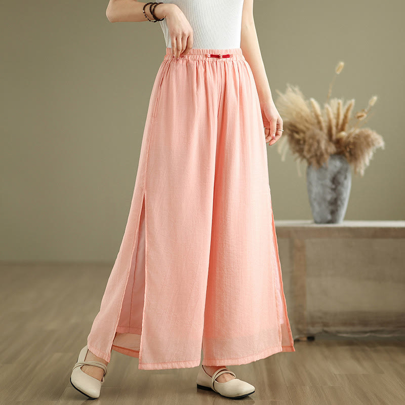 Buddha Stones Casual Vintage Side Slit Hem Design Cotton Linen Women's Wide Leg Pants With Pockets