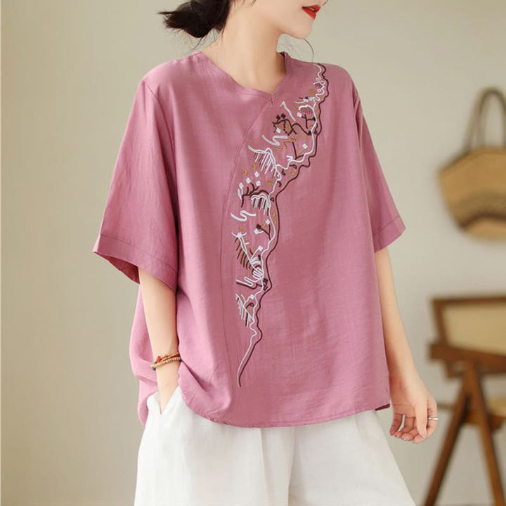 Buddha Stones Ethnic Casual Embroidered Geometry Pattern Women's Crew Neck Design Half Sleeve T-Shirt - image 3