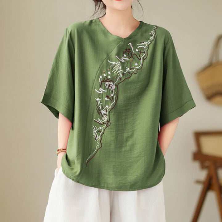 Buddha Stones Ethnic Casual Embroidered Geometry Pattern Women's Crew Neck Design Half Sleeve T-Shirt - ForestGreen - US14,UK/AU18,EU46 (4XL) - image 0