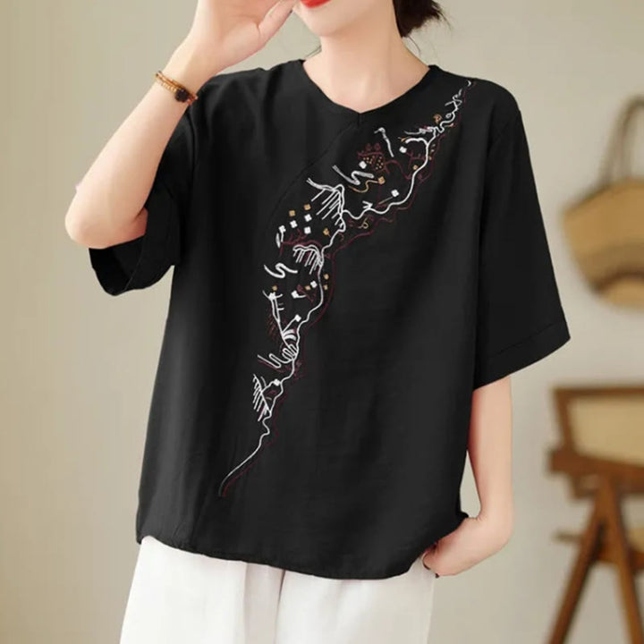Buddha Stones Ethnic Casual Embroidered Geometry Pattern Women's Crew Neck Design Half Sleeve T-Shirt - Black - US14,UK/AU18,EU46 (4XL) - image 8