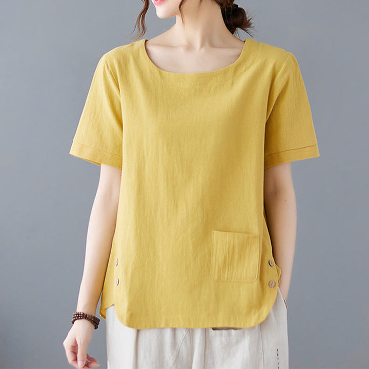 Buddha Stones Side Slit Design Women's Cotton Linen Crew Neck Short Sleeve T-Shirt Wtih Pocket - Yellow - US14,UK/AU18,EU46 (4XL) - image 0