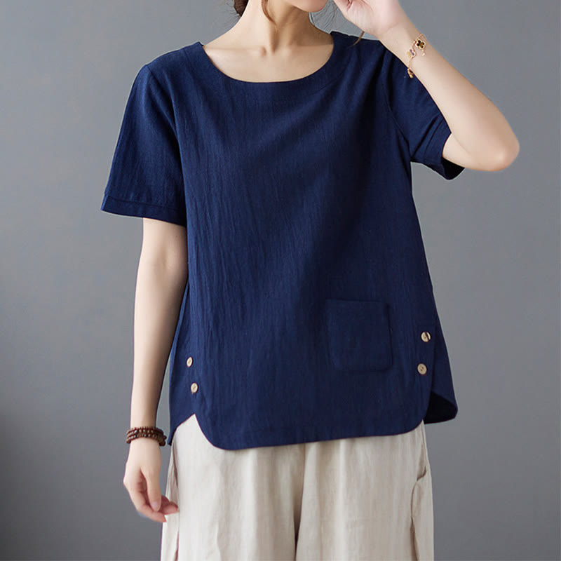 Buddha Stones Side Slit Design Women's Cotton Linen Crew Neck Short Sleeve T-Shirt Wtih Pocket - Navy - US14,UK/AU18,EU46 (4XL) - image 19