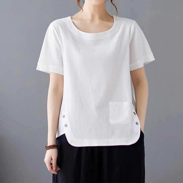 Buddha Stones Side Slit Design Women's Cotton Linen Crew Neck Short Sleeve T-Shirt Wtih Pocket - White - US14,UK/AU18,EU46 (4XL) - image 14