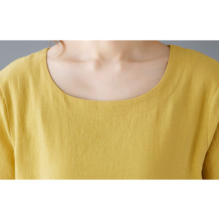 Buddha Stones Side Slit Design Women's Cotton Linen Crew Neck Short Sleeve T-Shirt Wtih Pocket - image 8