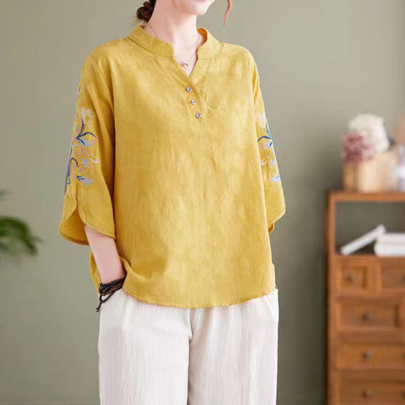 Buddha Stones Summer Embroidery Flower Three Quarter Sleeve Design Women's Cotton Linen  Notched Collar Shirt - Gold - US14,UK/AU18,EU46 (4XL) - image 14
