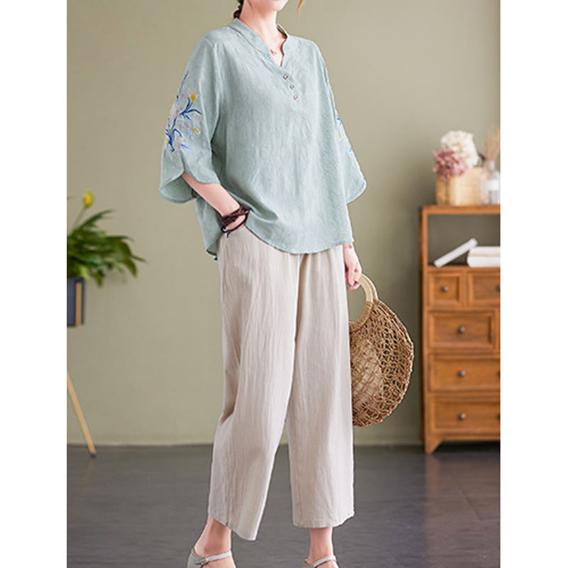Buddha Stones Summer Embroidery Flower Three Quarter Sleeve Design Women's Cotton Linen  Notched Collar Shirt - image 12
