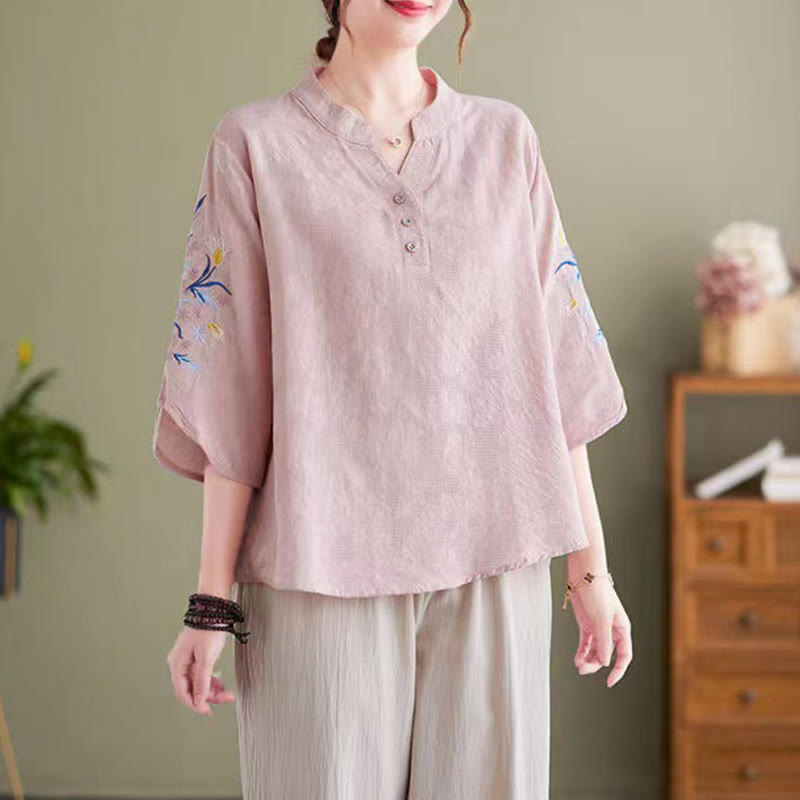 Buddha Stones Summer Embroidery Flower Three Quarter Sleeve Design Women's Cotton Linen  Notched Collar Shirt - Pink - US14,UK/AU18,EU46 (4XL) - image 0