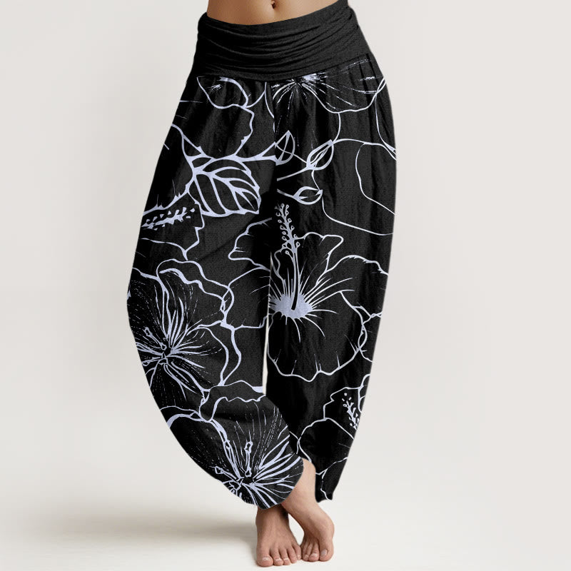 Buddha Stones Morning Glory Flowers Pattern Design Women's Elastic Waist Harem Pants - Black - US22,UK/AU26,EU54 (6XL) - image 8