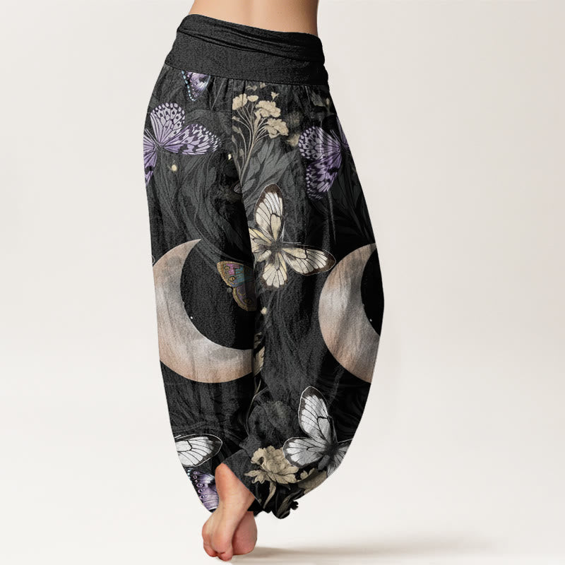 Buddha Stones Butterfly Flowers Crescent Moon Pattern Design Women's Elastic Waist Harem Pants - image 2