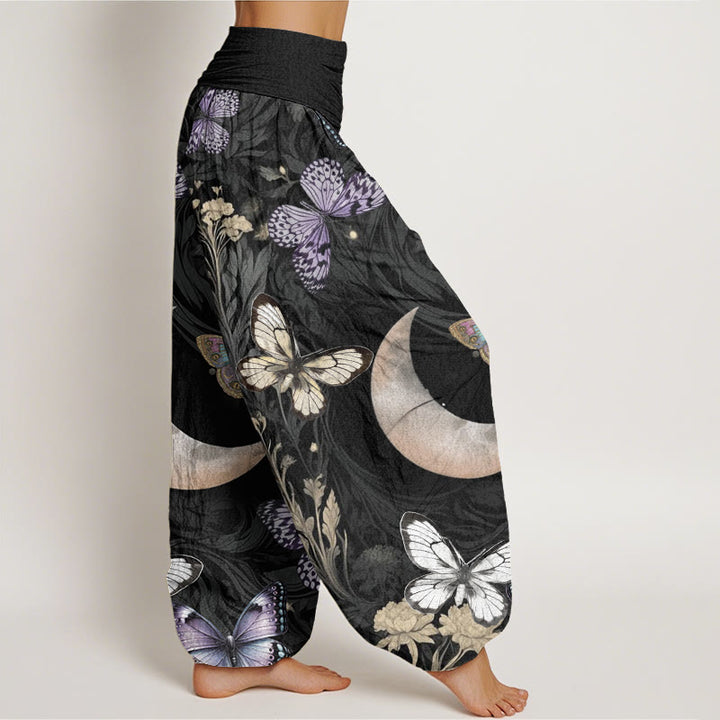 Buddha Stones Butterfly Flowers Crescent Moon Pattern Design Women's Elastic Waist Harem Pants - image 3
