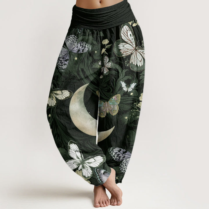 Buddha Stones Butterfly Flowers Crescent Moon Pattern Design Women's Elastic Waist Harem Pants - DarkSlateGray - US22,UK/AU26,EU54 (6XL) - image 5