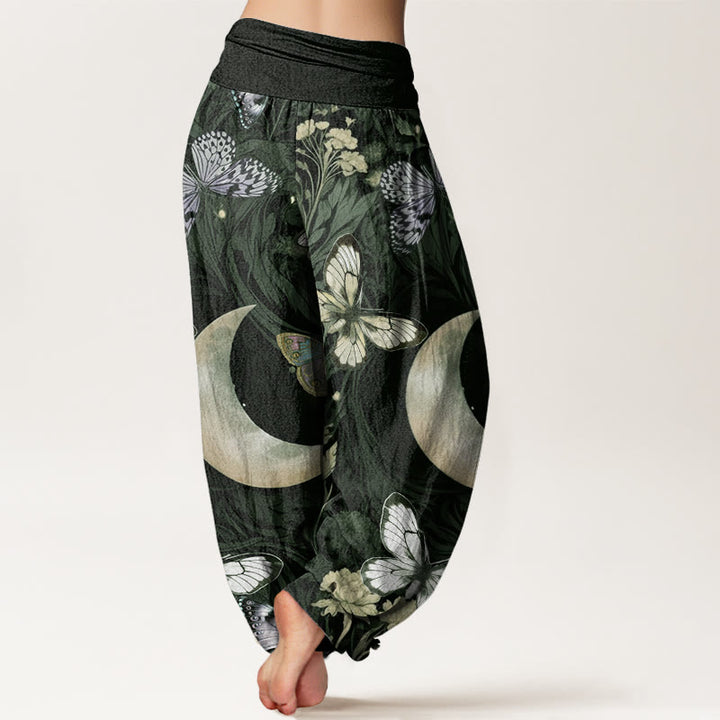 Buddha Stones Butterfly Flowers Crescent Moon Pattern Design Women's Elastic Waist Harem Pants - image 6