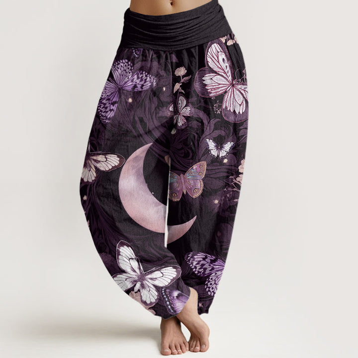 Buddha Stones Butterfly Flowers Crescent Moon Pattern Design Women's Elastic Waist Harem Pants - Plum - US22,UK/AU26,EU54 (6XL) - image 8