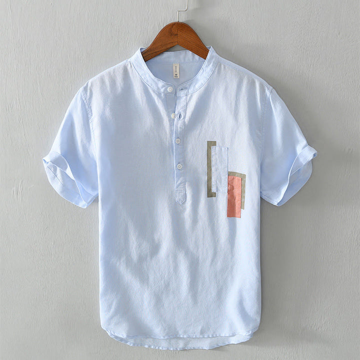 Buddha Stones Daily Plain Patch Color Matching Design Men's Short Sleeve Cotton Linen Shirt - LightSkyBlue - US/UK/AU42,EU52 (3XL) - image 8
