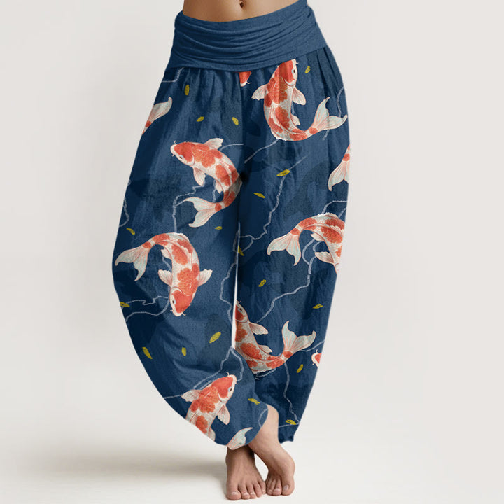 Buddha Stones Red White Koi Fish Pattern Design Women's Elastic Waist Harem Pants - SteelBlue - US22,UK/AU26,EU54 (6XL) - image 1