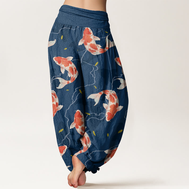 Buddha Stones Red White Koi Fish Pattern Design Women's Elastic Waist Harem Pants - image 2