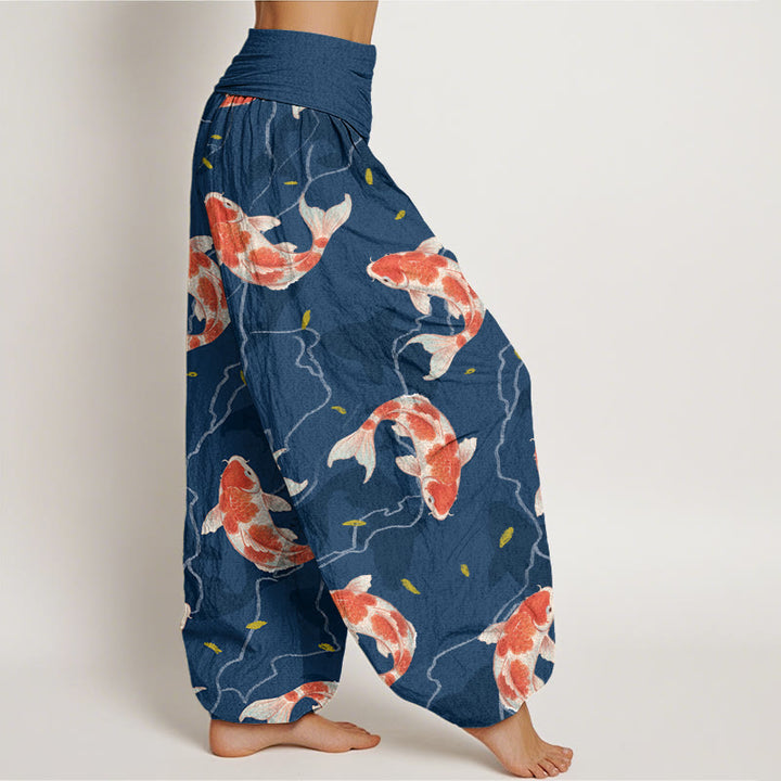 Buddha Stones Red White Koi Fish Pattern Design Women's Elastic Waist Harem Pants - image 3