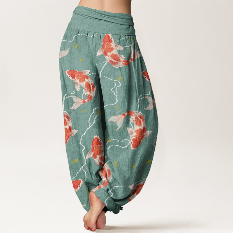 Buddha Stones Red White Koi Fish Pattern Design Women's Elastic Waist Harem Pants - image 6